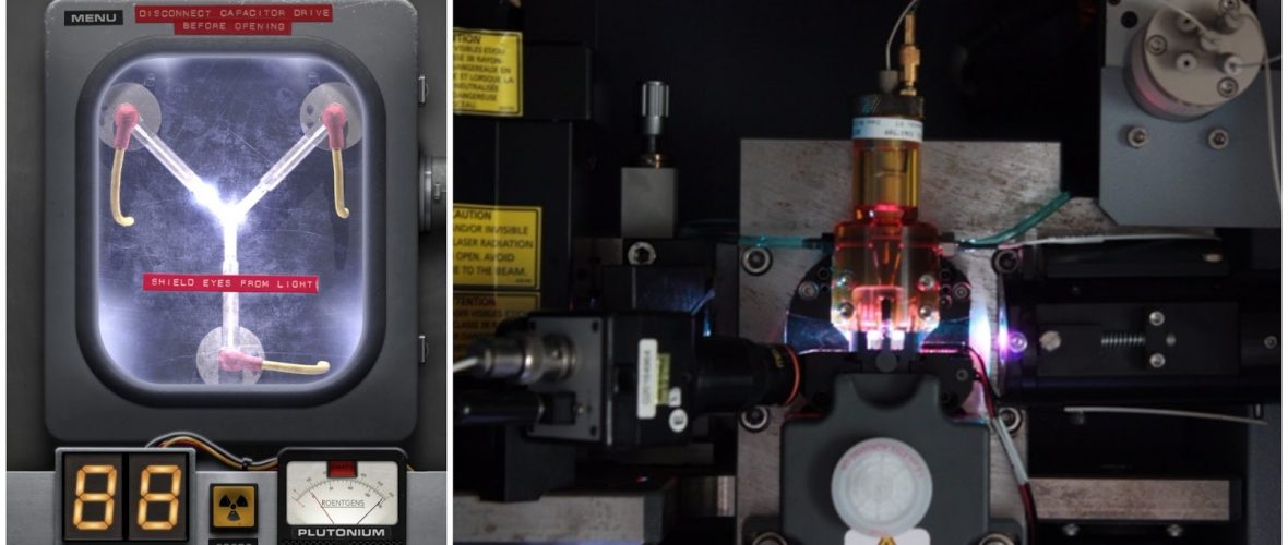 Image: Flux capacitor from Robert Zemeckis’s 1985 film Back to the Future (left, bttf.net) and flow cytometer from the Ragon Institute of Mass General, MIT, and Harvard (right).